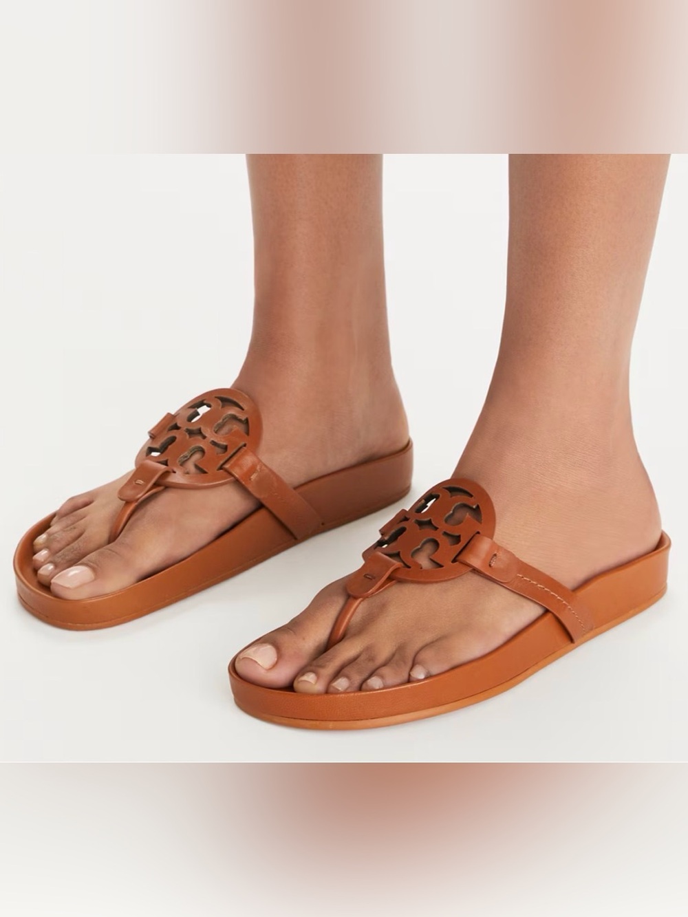 Tory Burch Miller Cloud Sandals Leather Logo Thong Style Shoes Bourbon Tan Sz 9